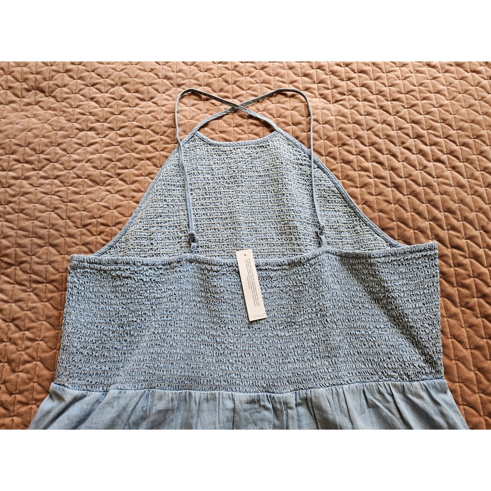 NWT Venus Light Wash Blue Denim Smocked Bodice Halter Tiered Maxi Dress, Plus 3X - Picture 6 of 9